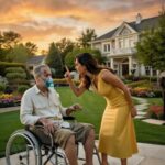 Mujer latina discutiendo con padre anciano en silla de ruedas por abandono familiar